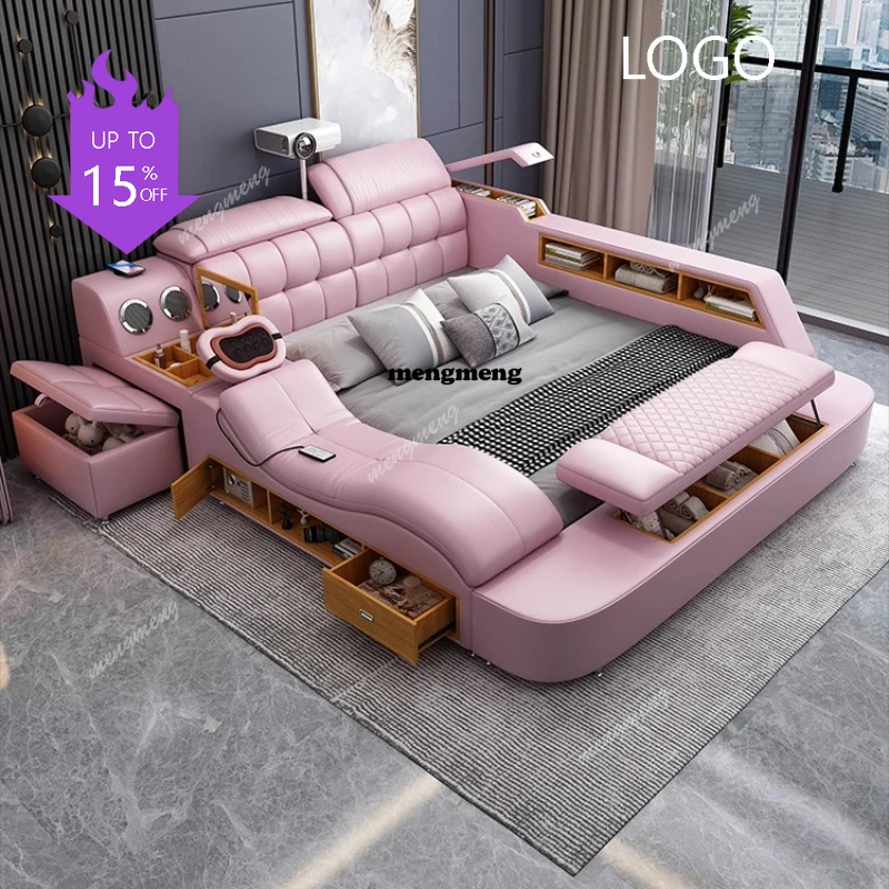 

Двуспальная кровать King Size с изголовьем из кожи, массажная, с местом для хранения, татами, люкс, обитая тканью, аксессуары для спальни