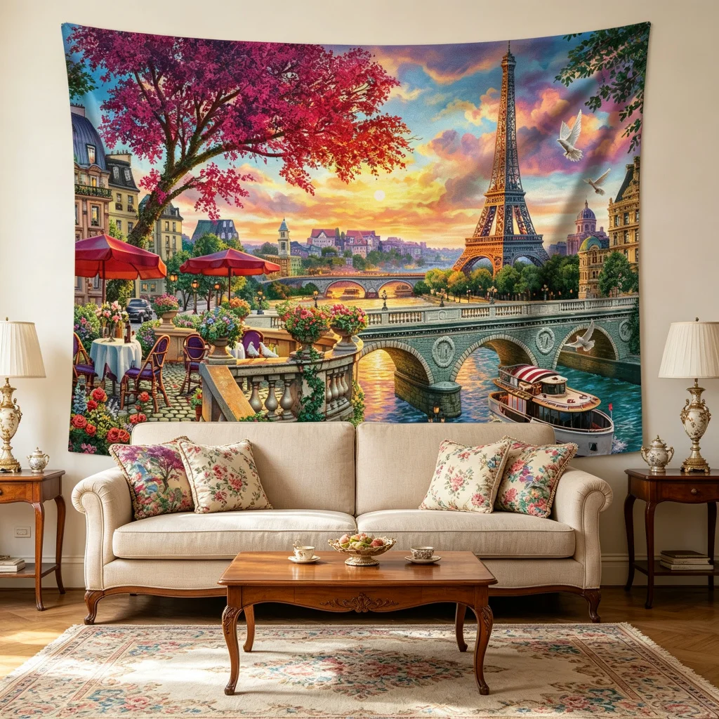 1PC Paris Eiffel Tower Sunset View Print Backdrop Banner, Bedroom Living Room Photo Background, Polyester, Home Decor, Wall Art