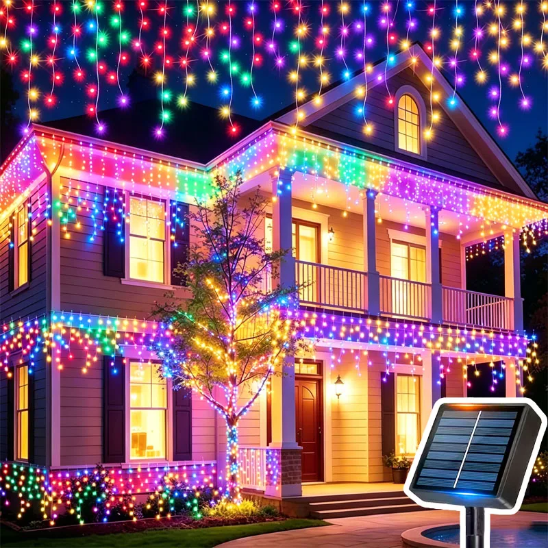 Solar Curtain Icicle Light 3.5M Eaves Decor Outdoor Fairy String Lights Wedding Party Christmas Stair Decor Garden Garlands