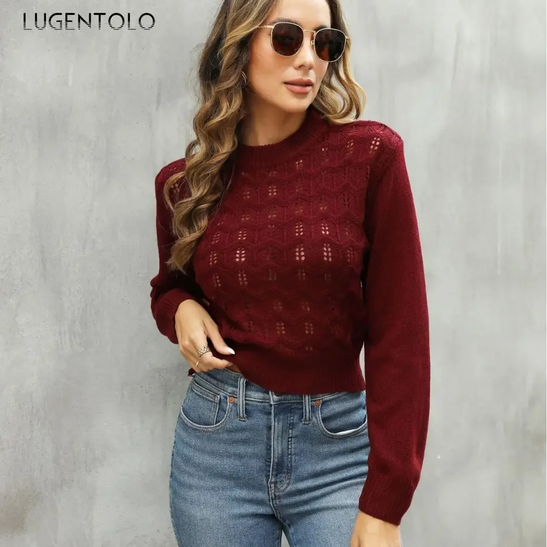 

Women Hollow Knitted Sweater Long Sleeve Autumn Winter New O-neck Lady Casual Comfortable Pullover Short Clothing