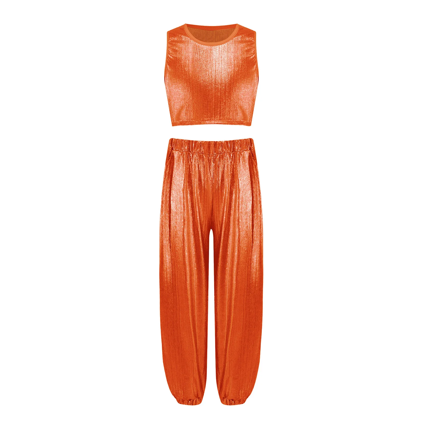 Kids Girls Metallic Ribbed Dance Outfit Sleeveless Glossy Crop Top Vest with Pants for Street Hip Hop Cheerleading Performance