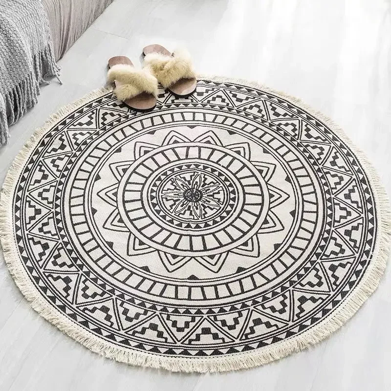 Classic Round Carpet Bohemia Ethnic Tassel Rug Red Blue Mandala Carpets for Living Room Nordic Cotton Linen Big Rugs Modern