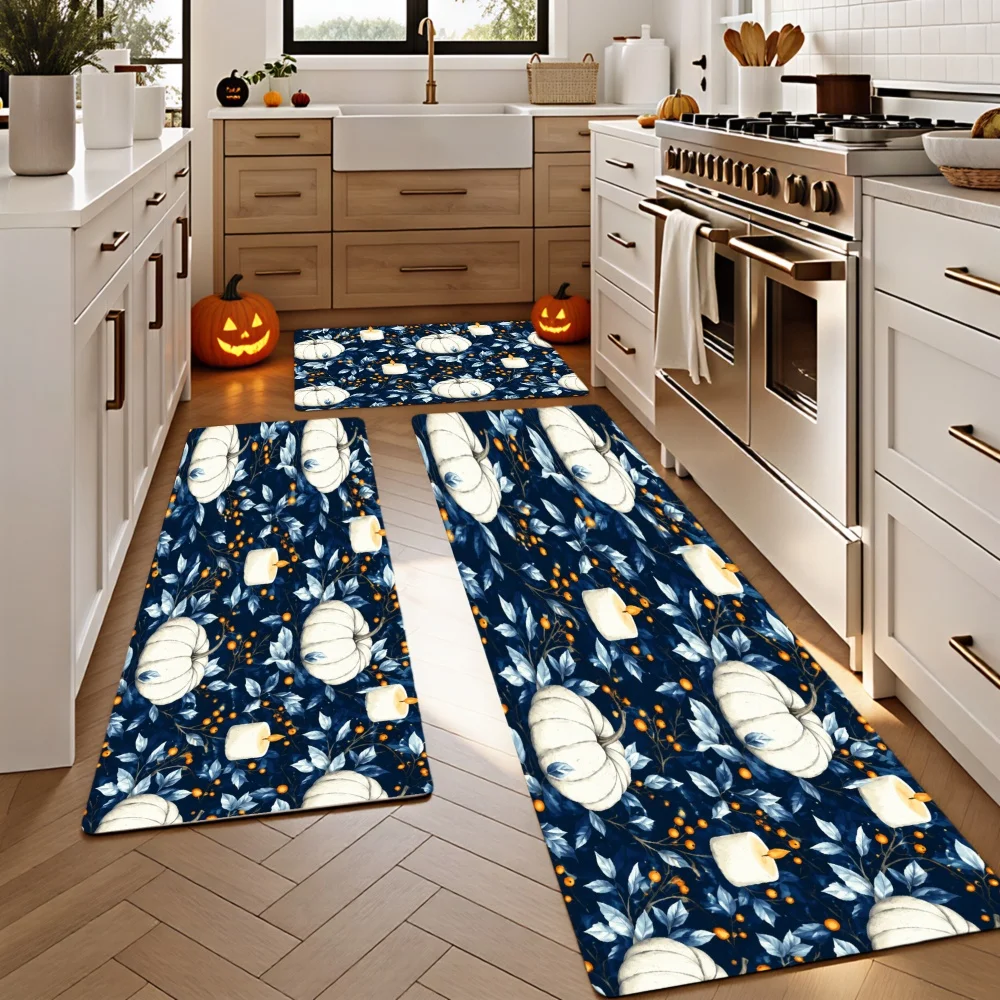 1/2/3pcs Kitchen Rugs, Welcome Door Mat Set, Home Halloween Decoration for Front Door, Kitchen, Bathroom, White Pumpkins And Leaves on Dark Blue Background Pattern Dining Mat, Housewarming Party Gift