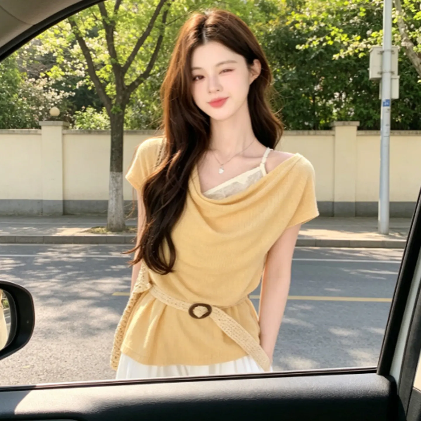 Unique Summer Slim Fit Knitted Top Women's Casual Style Pure Color Short Sleeve Shoulder Bared Diagonal Collar Loose Neckline