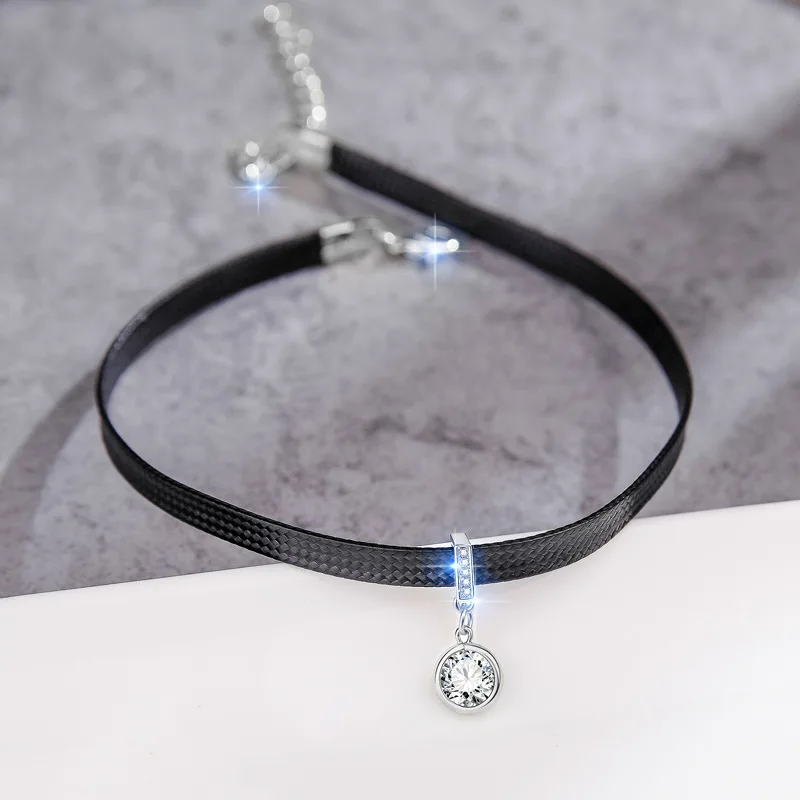 Glitter Zircon Geometric Choker Necklace for Women Sexy Black Leather Short Pendant Temperament Aesthetic Jewelry Accessories