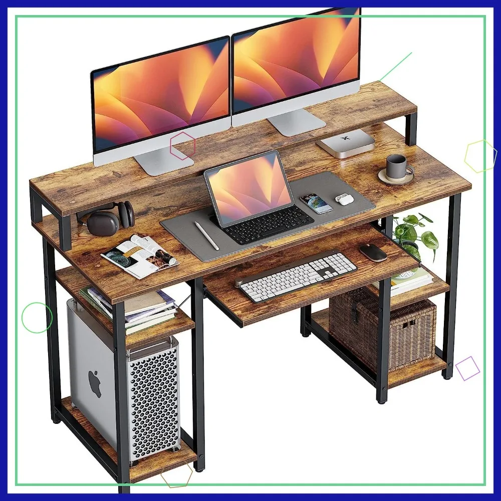 

47 Inch Computer Desk with Keyboard Tray, Monitor Stand and Storage Shelves, Rustic Brown Office Workstation for Home