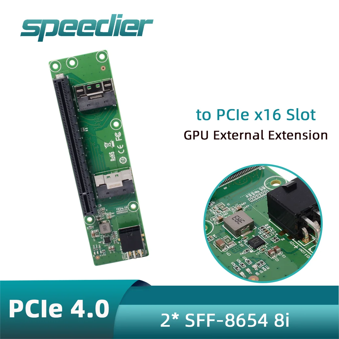

PCIe 4.0 X16 Adapter Card 2x SFF-8654 8i SlimSAS To PCIe Gen4 X16 Slot Riser Card / Cable for GPU eGPU External Expansion Server