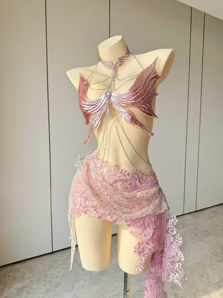 Damen Rosa Feen-Elfen 2-teiliges Set Schmetterlingsflügel-Oberteil Spitzenrock Strass-Kette Rave Festival Halloween Cosplay Kostüm
