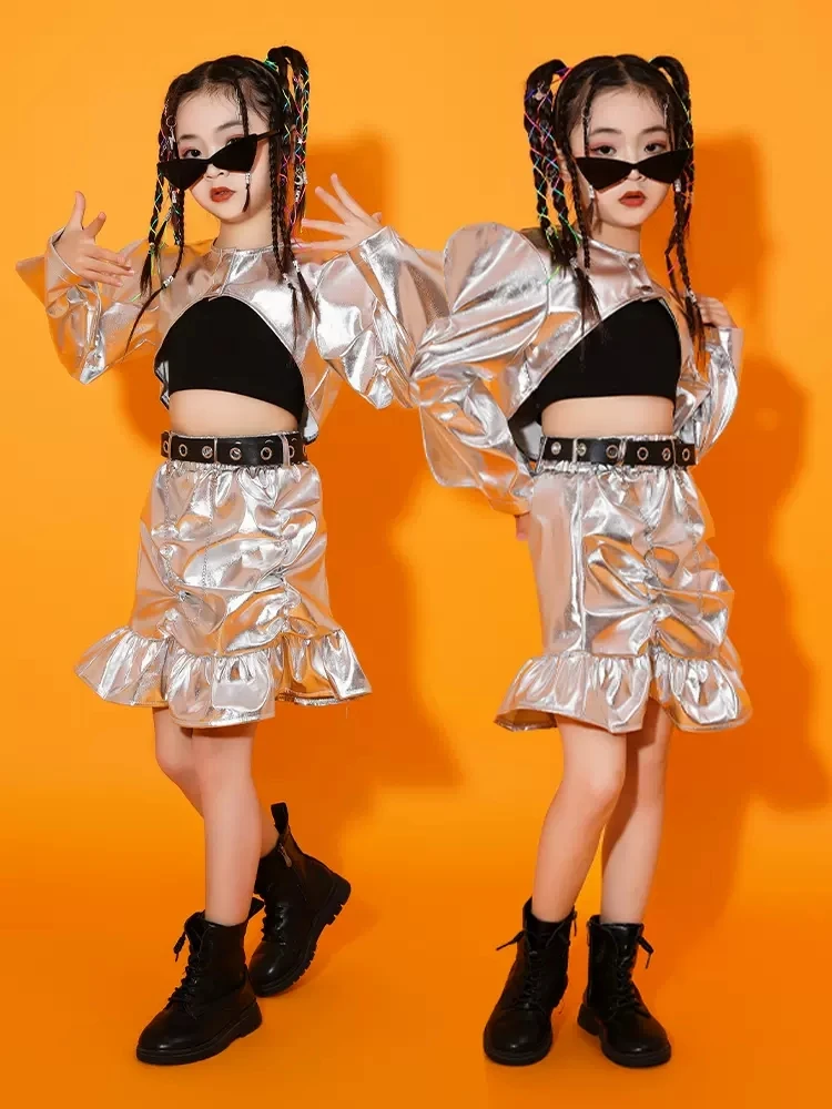 Costume da Jazz per bambini vestiti da ballo moderni ragazze top in argento gonna tecnologia senso vestito da palcoscenico passerella moda Hip Hop vestito L10399