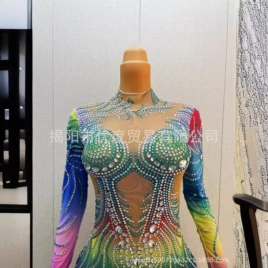 2026 Dream Colorful Perspective Mesh Shiny Rhinestone Reception Party Night Long Dress Performance Blue Mercury Gradual Change