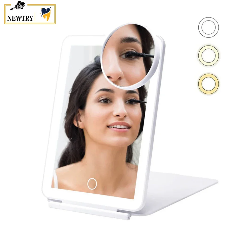 3 Colors LED Light Travel Makeup Mirror 10x Magnifying Touch Screen Folding Beauty Cosmetic Vanity Mirror Dressing USB Charging