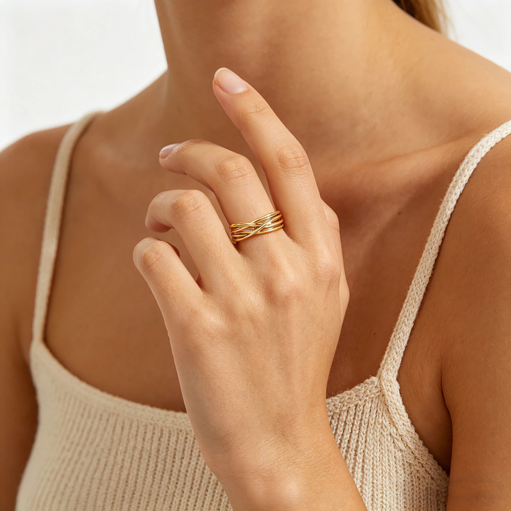 Minimalistische geometrische Wickel-Kreuzringe für Frauen, goldfarben, Edelstahl, offener Kreuzring, Party, Hochzeit, Schmuck, Geschenk – Detail 10
