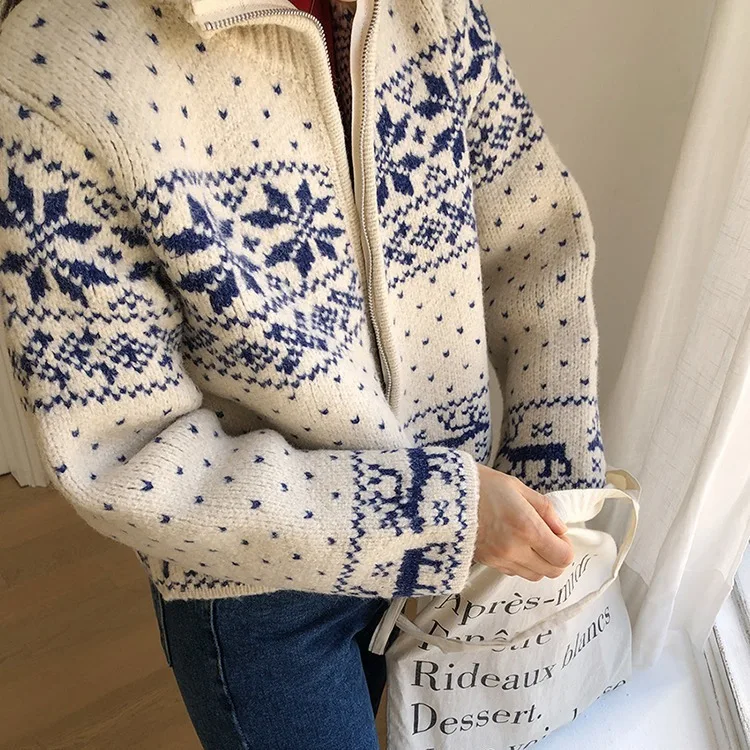 

Женский жаккардовый свитер в стиле ретро, утолщенный осенне-зимний свободный универсальный вязаный кардиган с двойной молнией