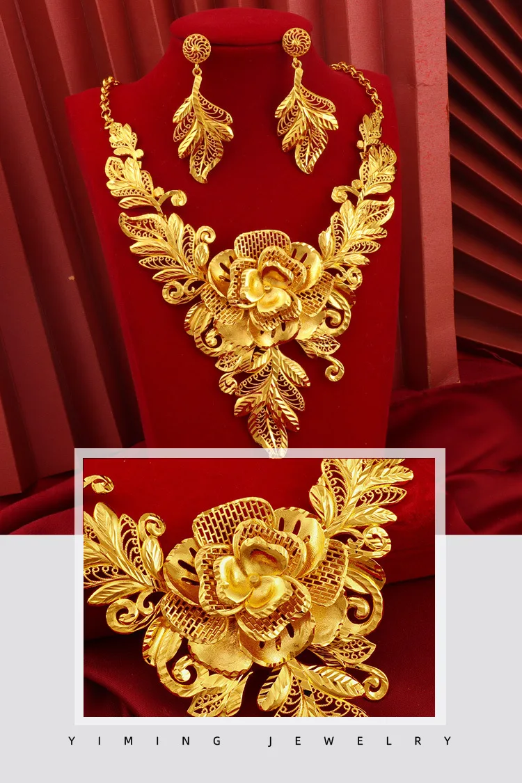 Gold Plated Golden Branch Jade Leaf Flower Shape Sand Gold Necklace Wedding Bridal Accessories Ear Studs Copper Gold Plated Jewe