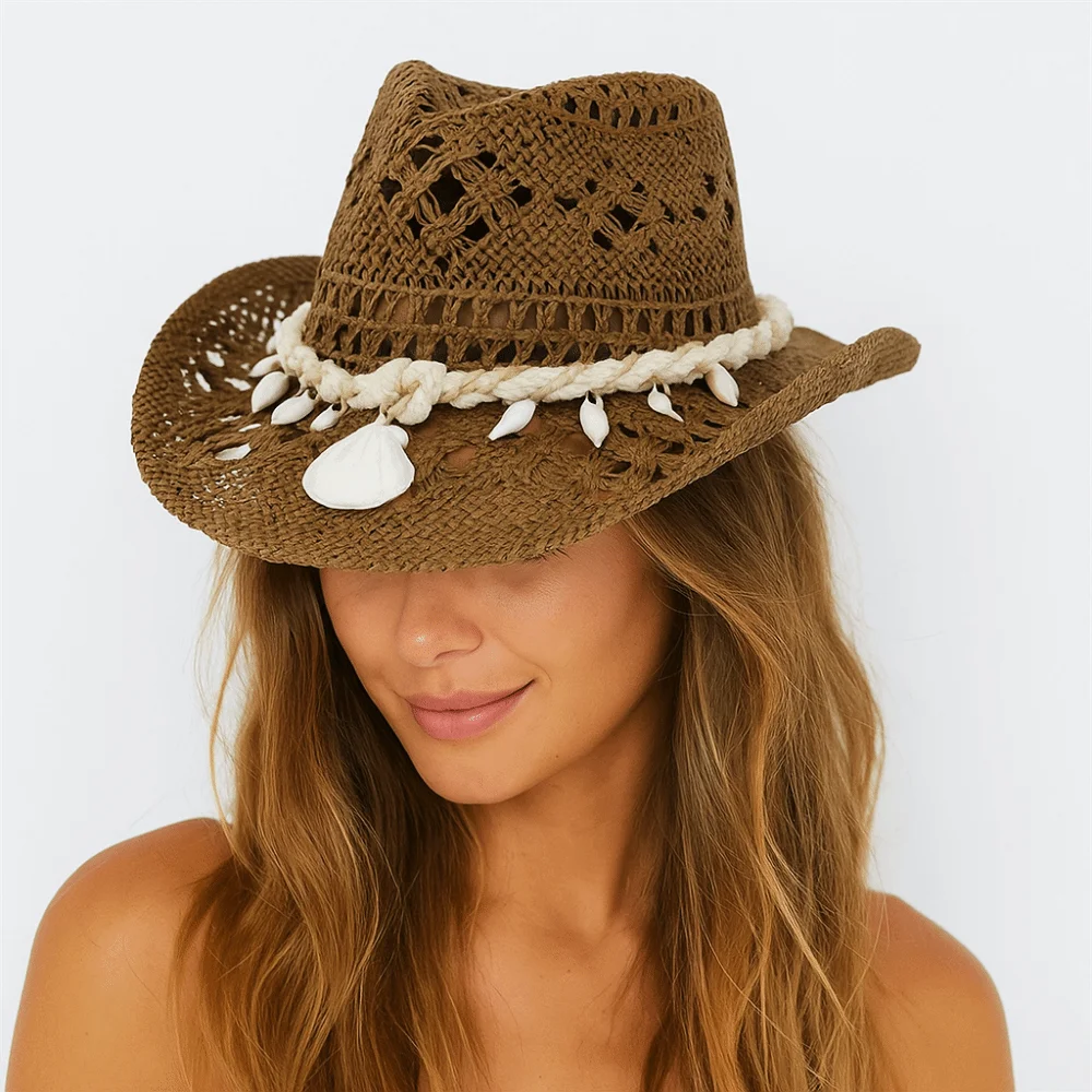 

New Hollow Cowboy Straw Hat Big Head Circumference Seashell Bohemian Hat Large Brim Beach Sun Hat Sunshade Hats