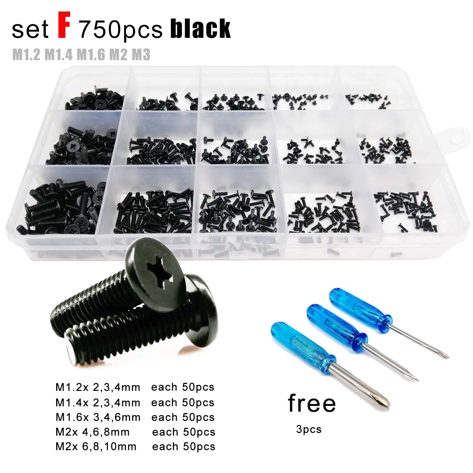 500/750pcs Phillips Thin Wafer Flat Head Screw Bolt for Laptop Phone Glasses Assortment Kit Set M1.2 M1.4 M1.6 M2 M3 Mini Micro