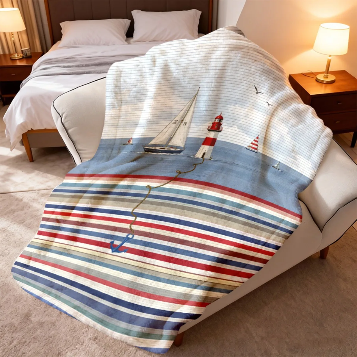 1pc Nautical Striped Lighthouse Anchor Sailboat Pattern Flannel Throw Blanket Soft, Gentle Touch, Sturdy Construction, Tear-Resi