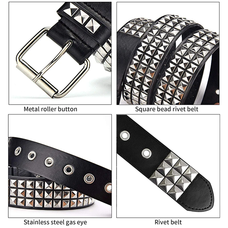 Studded Belt Men Women Punk Pyramid Square Buckle Chain Belt Bonded Leather Rivet Black Leather Belt Waistband For Jeans