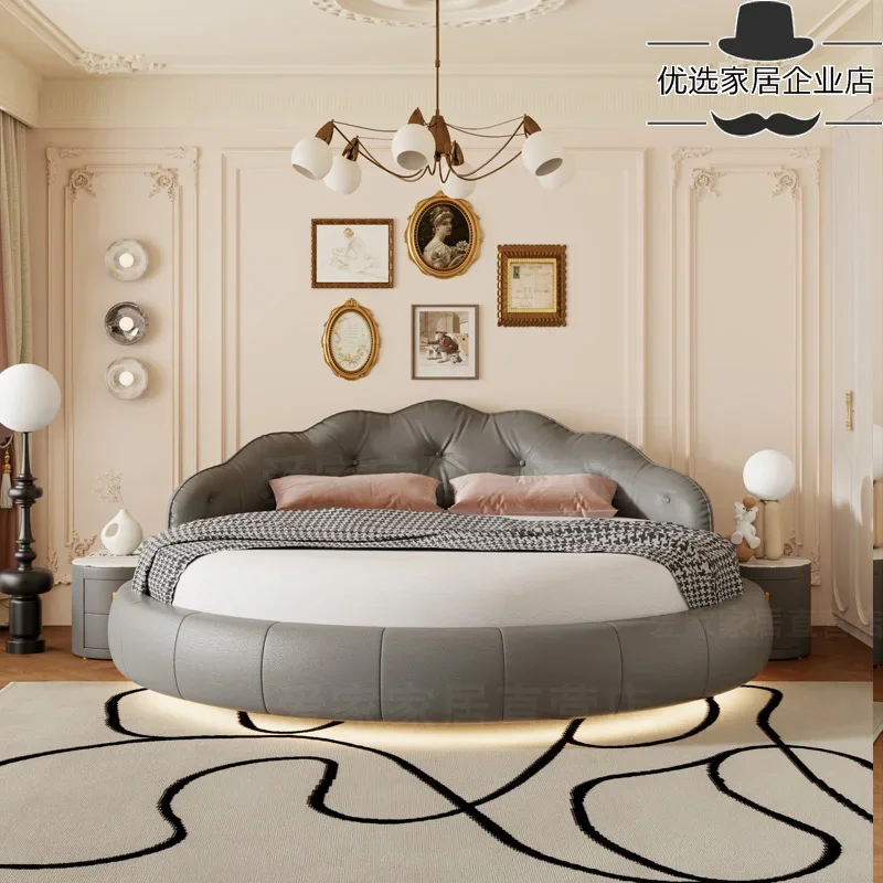 

European Round Bed Princess Genuine Leather Confortable Designer Fashionable Bed Modern Master Bedroom Frame Lit Home Furniture