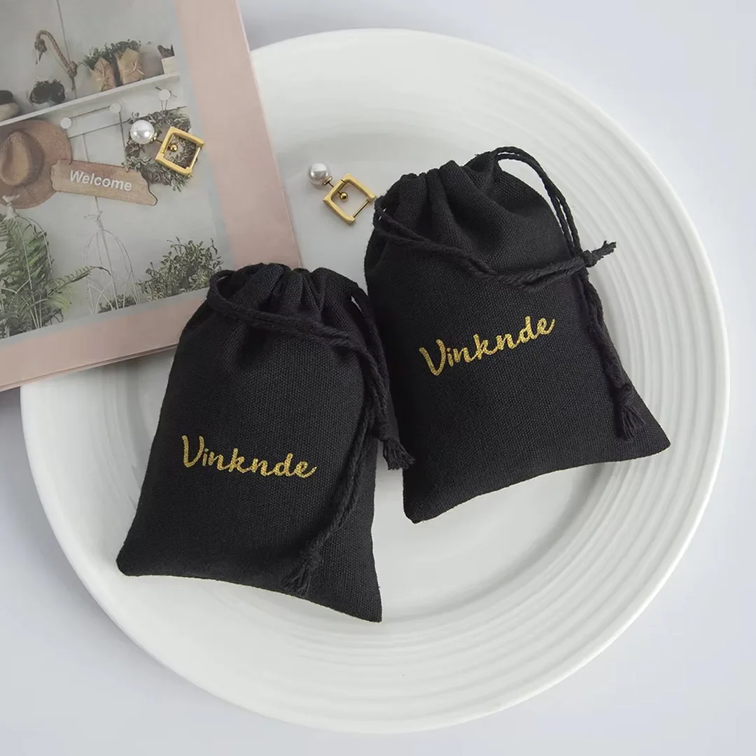 50Pcs Personalized Logo Black Cotton Bag With Black Rope Drawstring Gift Jewelry Bag Cosmetic Rings Earrings Packaging Pouches