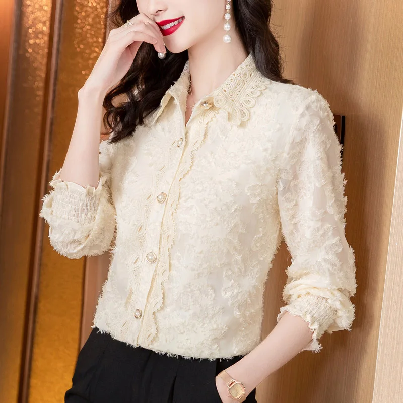 2023 Autumn Women New Chiffon Jacquard Long Sleeve Ruffle Lace Shirts Office Lady Solid Elegant Simple Blouse Female Clothing