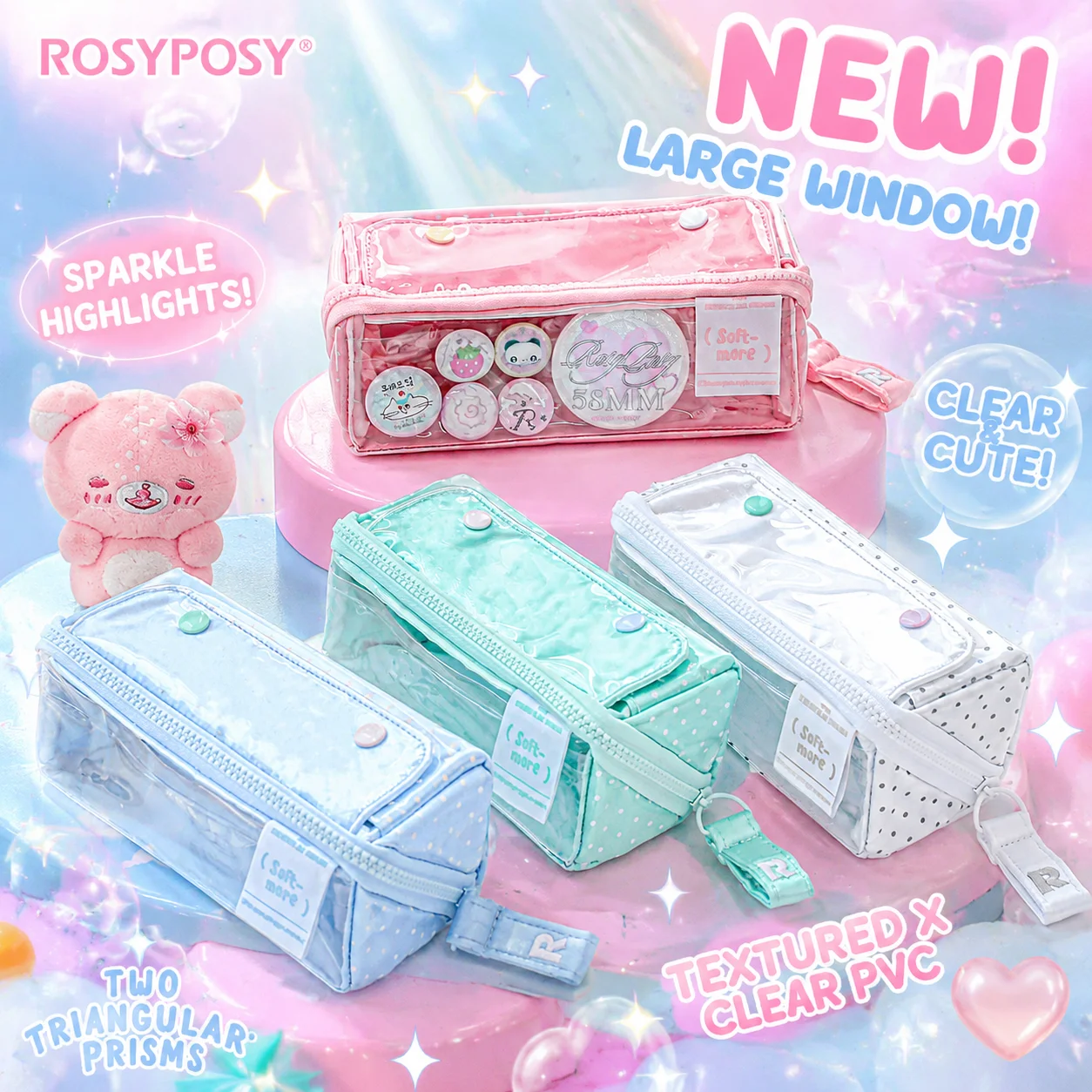 Rosyposy Prism Shine Pencil Case Sparkling Polka Dot Large Clear Window Large Capacity Pen Bag Cute Stationery Gift