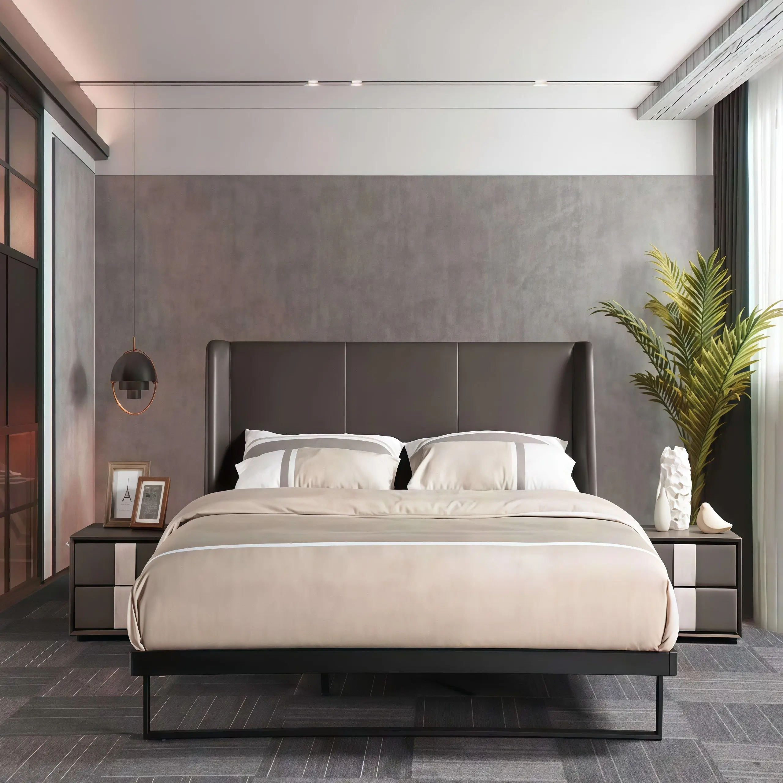 #Italian Minimalist Designer Genuine Leather Double Bed High-End Luxury Villa Master Bedroom Floating Bed
