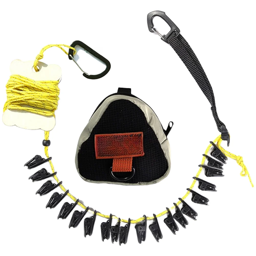 Adjustable Portable Clothesline 10M Polyester Rope with 20 Clamps and Reflective Yellow Stripe for Camping For Travel