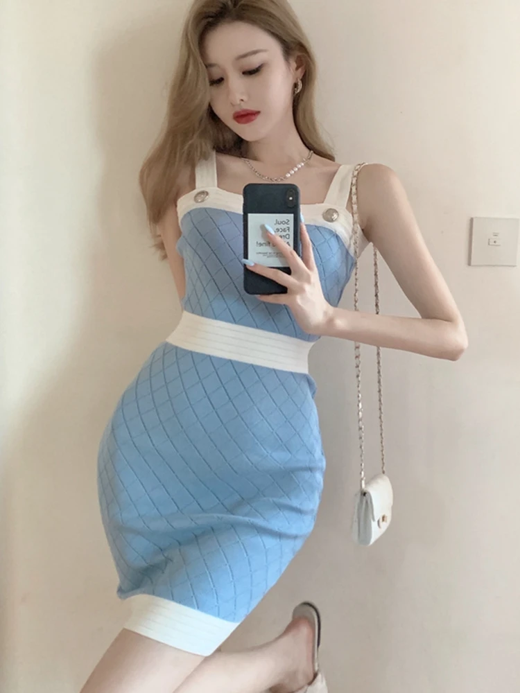 High Quality Elegant Fashion Stretch Knitted Dress For Women 2023 Summer Sexy Sleeveless Summer Dress Korean Weet Cute Dresses