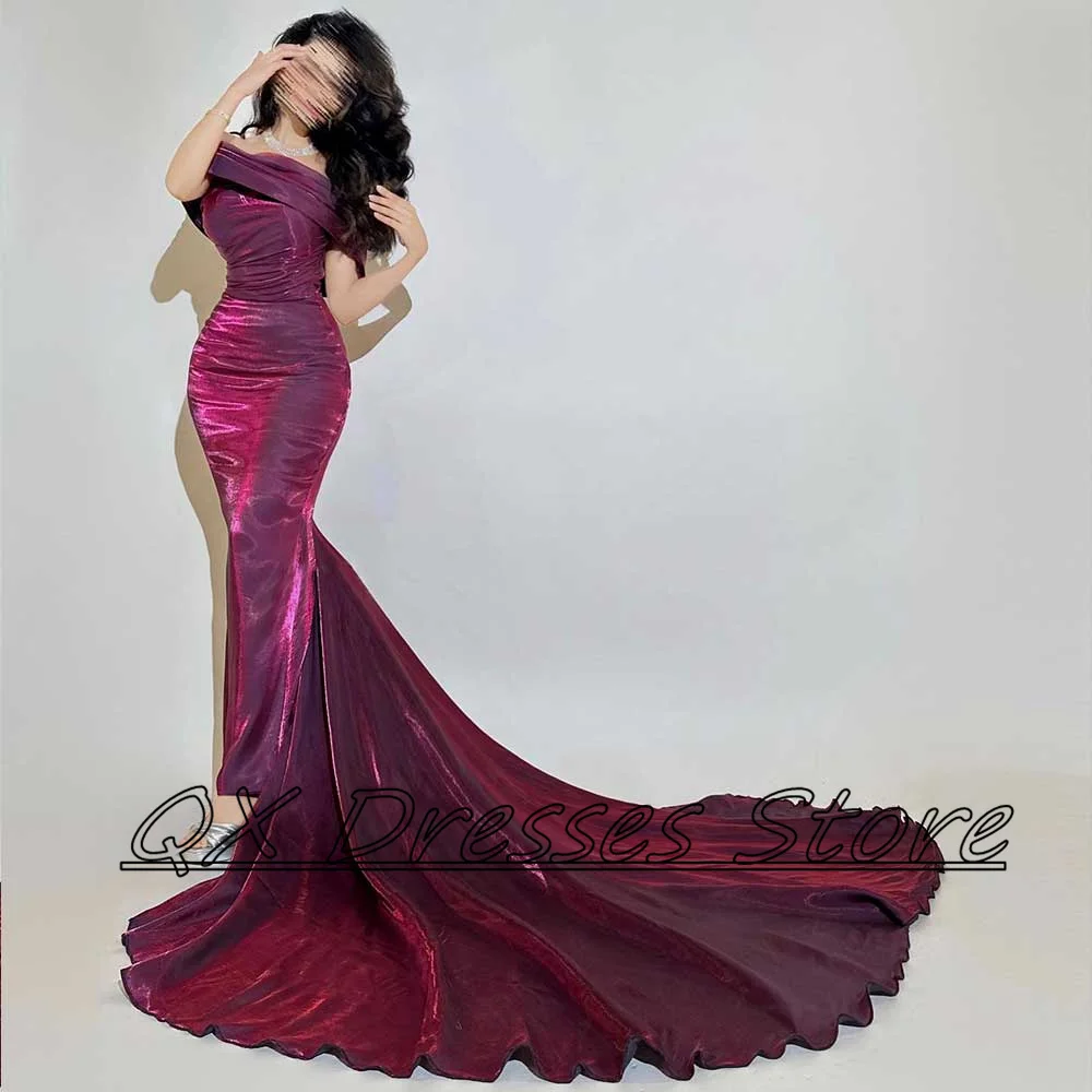 Customized Velvet Mermaid Evening Dress Off Shoulder Draped Sleeveless Simple Prom Gown Court Train Women‘s Sexy  Party Dresses