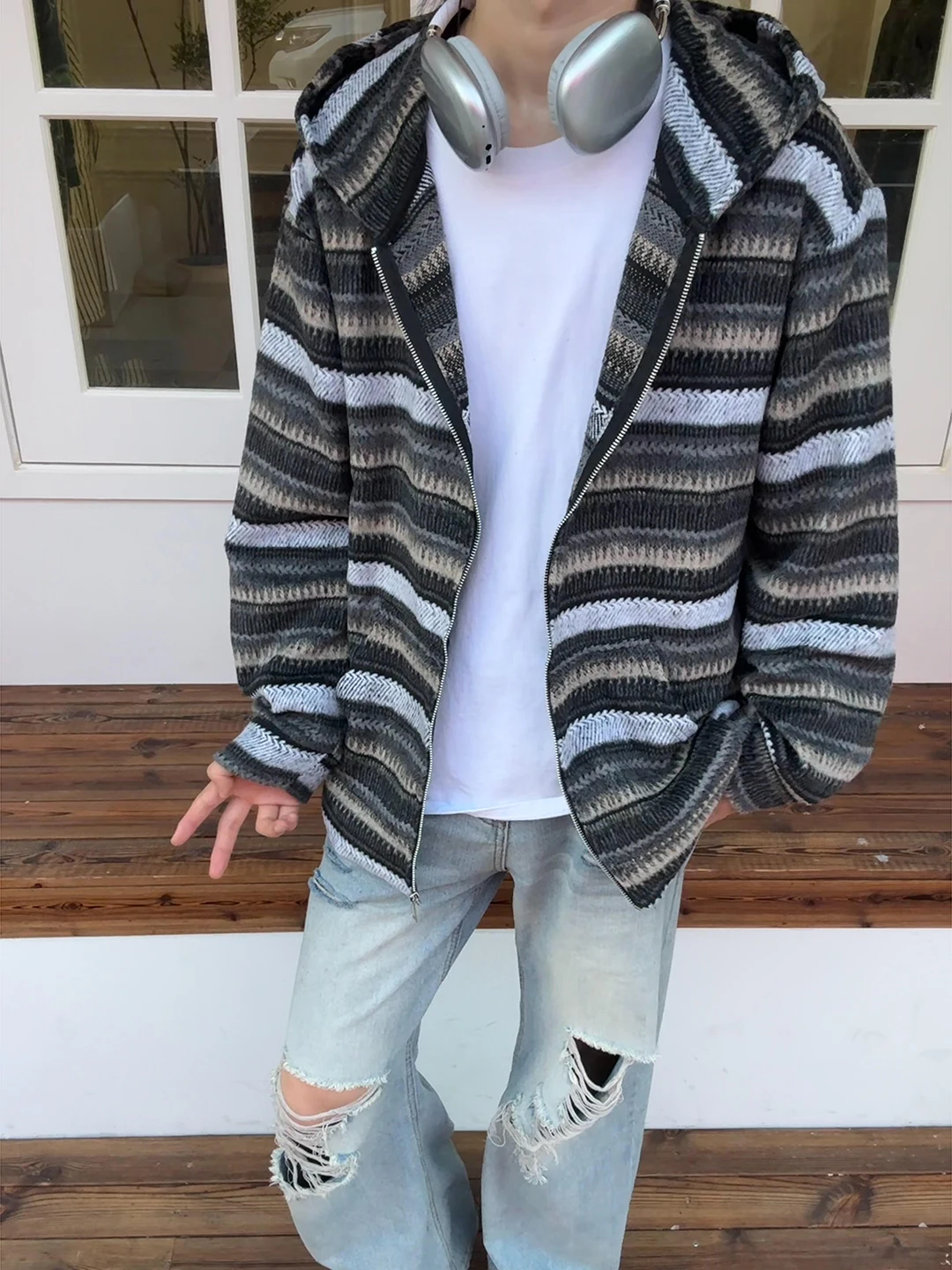 

American Stripe Knitted Open Cardigan Sweater Men's Sle Lazy Hoodie Cleanfit Small Fraance Wind Coat Polyester Fiber Long...