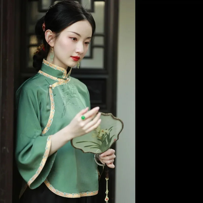 Autumn Elegant Green Satin Stand Collar Jacquard Long Sleeve Tang Suit Top Women's Clothing Chinese Style Shirt Blouses Modern