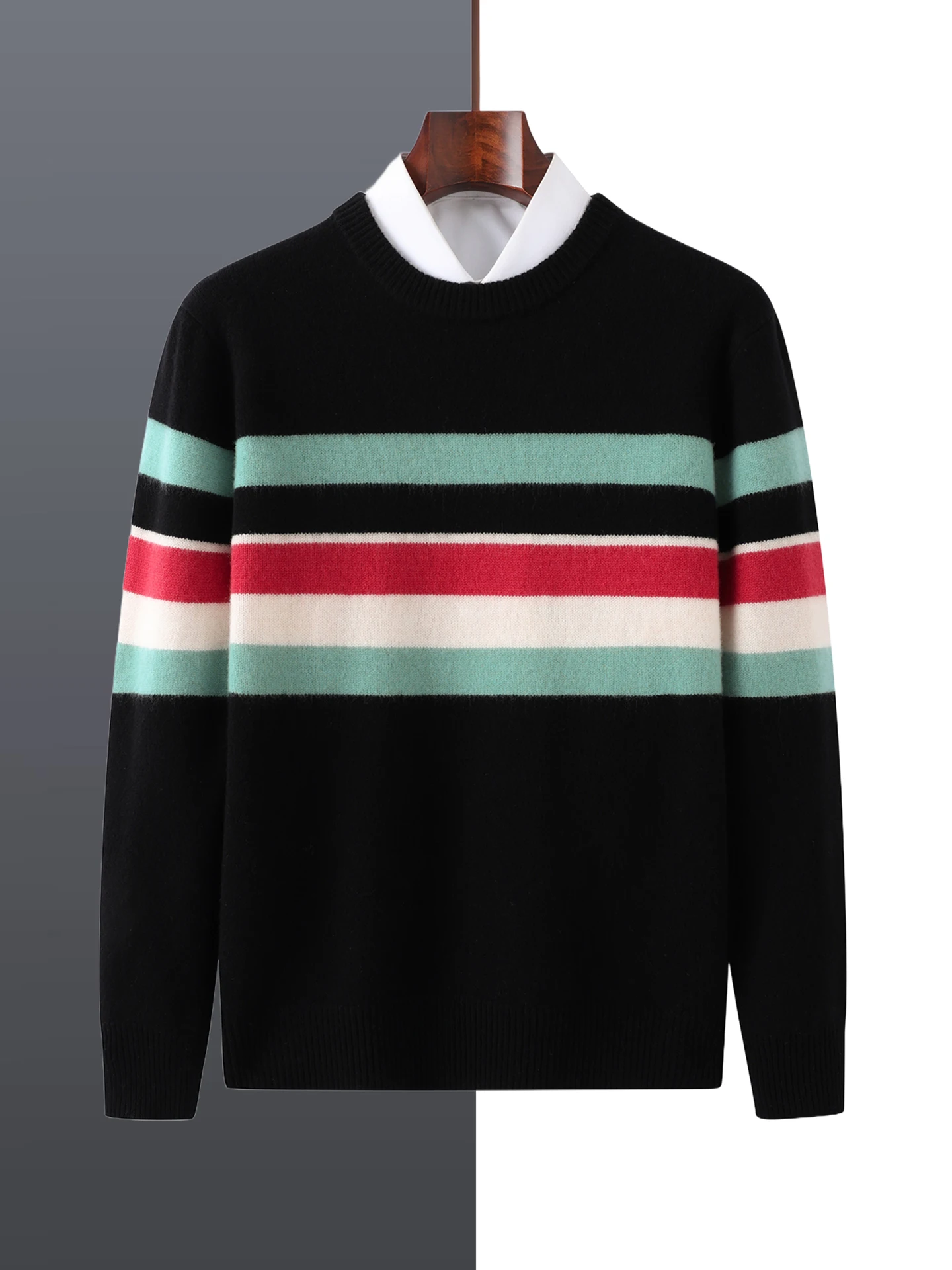 

100% Merino Pure Wool Men's Round Neck Striped Pullover Autumn Winter Thick Casual Fashion Knitted Cashmere Sweater