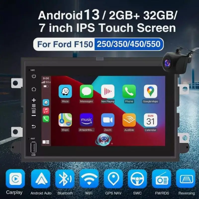

7" Multifunctional Android 13 Car Stereo Radio 2G+32GB Microphone GPS Navi For 2013 2014 Ford F-150 Raptor FM Player AHD Camera