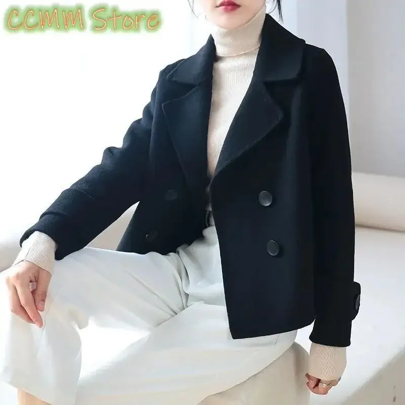 Double-Sided Wool Coat Women's Short High-End Casual Tweed Suit Jacket Blend Wool Coat Black Double Breasted Blazer Female