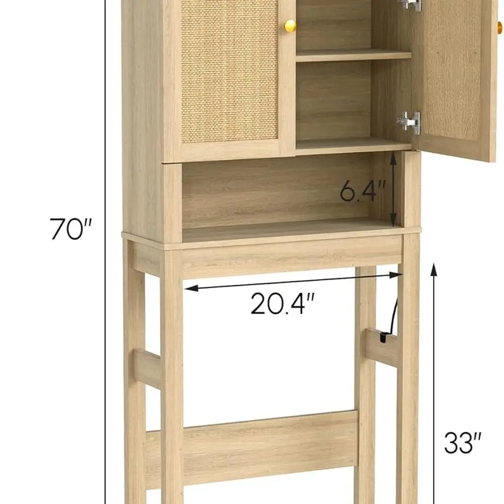 Modern Rattan Door Over Toilet Storage Cabinet with Adjustable Shelf, Arched Design for Space-Saving Bathroom Organization