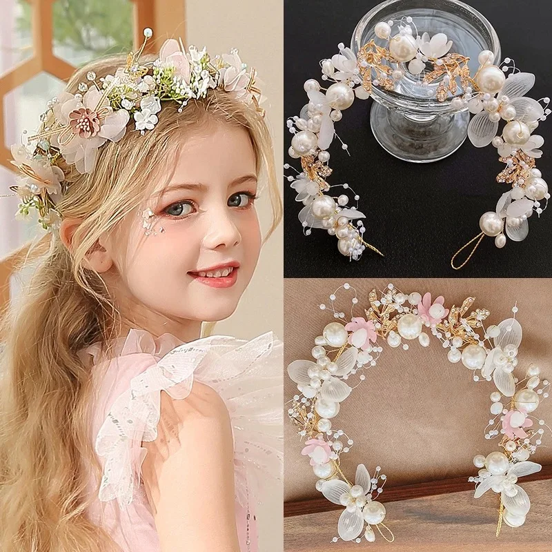 Sweet Pearl Flower Girls Headbands White Pink Floral Lace  display picture 1