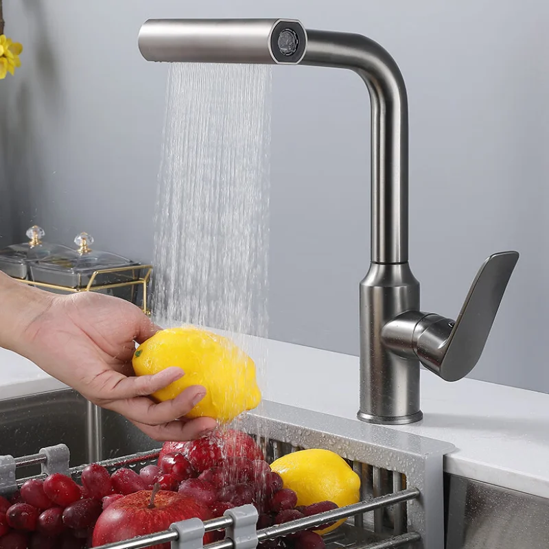 Grey Pull-Out Kitchen Faucet SUS304 Chrome Rotating Kitchen Tap Hot & Cold Sink Faucet  Sink Dishwasher Multifunctional Faucet