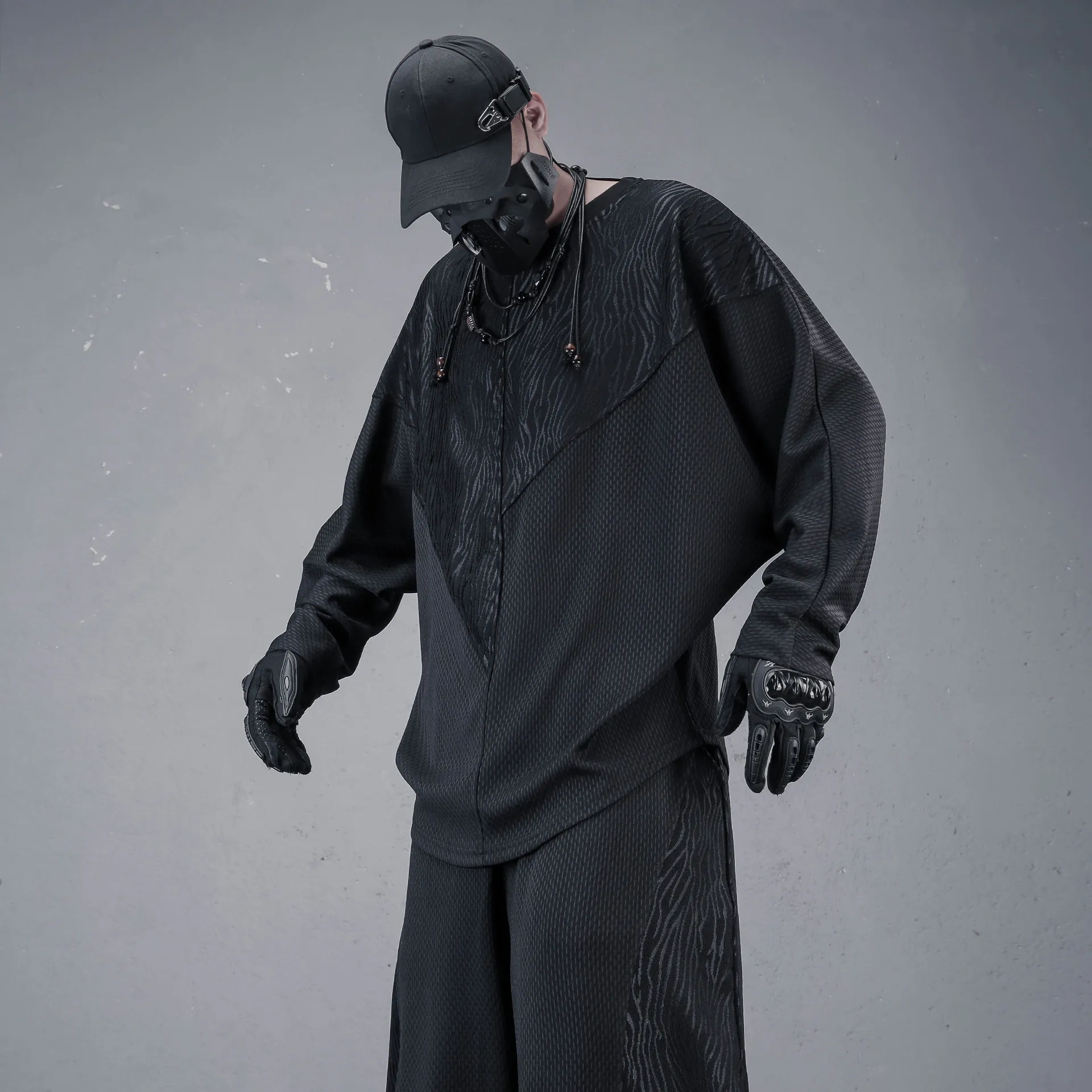 Dark Style Personality Stitching Long Sleeve T-shirt Drape Pattern Texture Batwing Anti-Wrinkle Loose Sweater