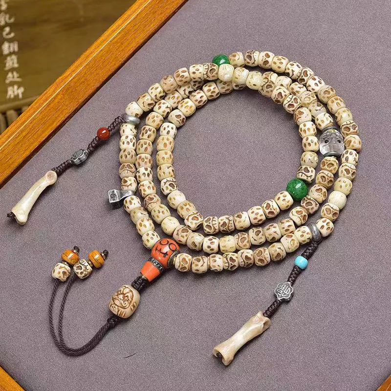 

Tibetan-Style Recycled Bone Barrel Bead Carving: 108-Bead Buddhist Prayer Beads, Cultural Artifact Bracelet, Glazed Yak Bone