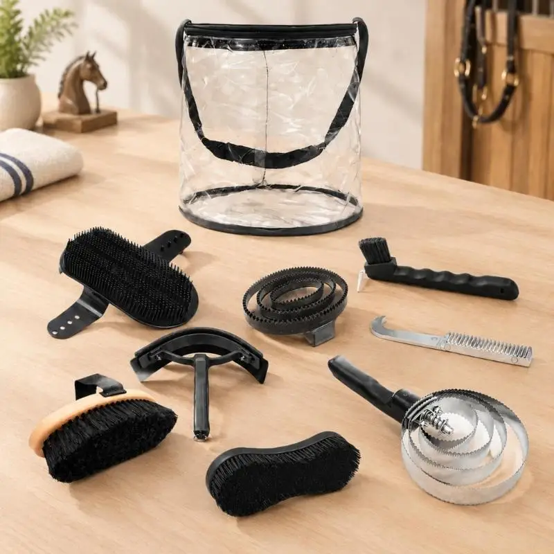 31BE Horse Care Grooming Set with Metal Shedding Tool, Hair Comb, Body Brushes, Foot Pick, and Zippered Carry Bag for Routine