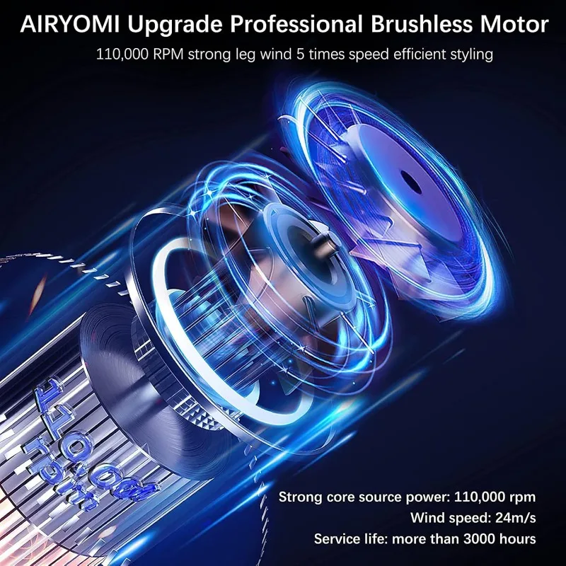 AIRYOMI Professional Brushless Motor Ionic Hair Dryer w/ Diffuser,Magnetic Nozzles,2000W,3 Heat Settings,3 Speed & Cold Settings