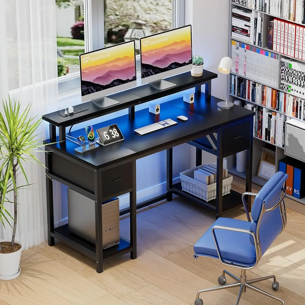 Computer Desk with 2 Drawers and Power Outlets,50 Inch Office Desk with 2 Monitor Stands and Fabric File Cabinet, Reversible