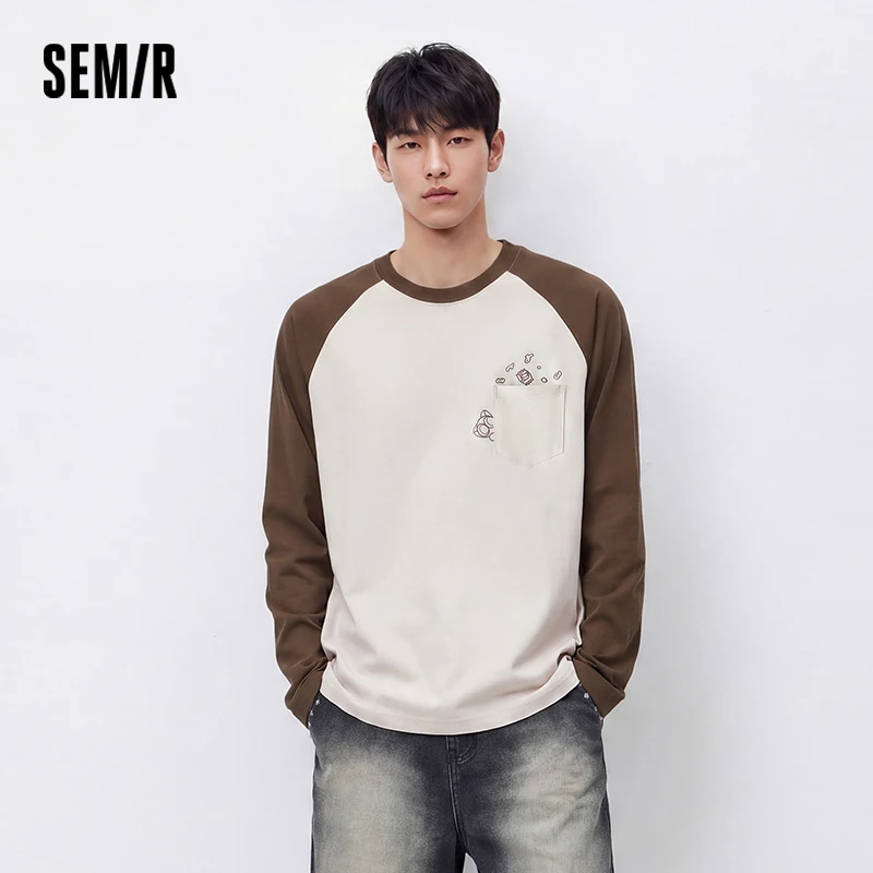 Semir Men Tshirt Long Sleeve Raglan Sleeve Retro College Style 2026 Autumn Couple Pullover Casual Everyday Top Daily