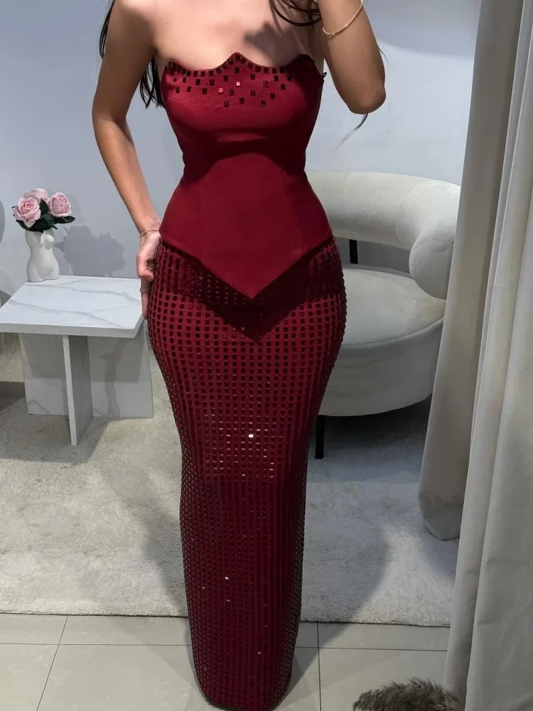 Mulheres diamantes saias finas conjunto de duas peças sexy vinho vermelho sem alças colheita topo + longo fino strass skits ternos festa natal conjunto