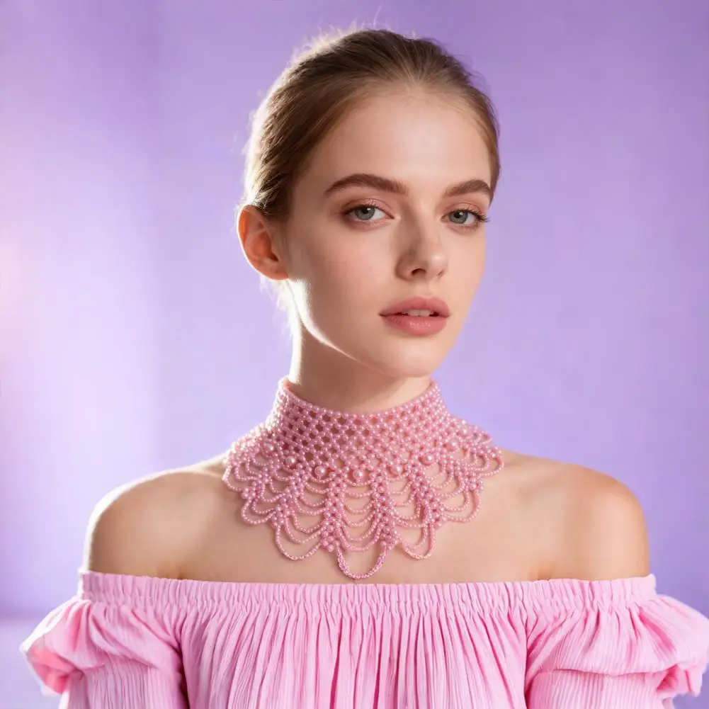 Summer Picnic Jewelry Elegant Multi-layered Imitation Pearl Fake Collar Necklace with Hollow Design Detachable Dress for Solid