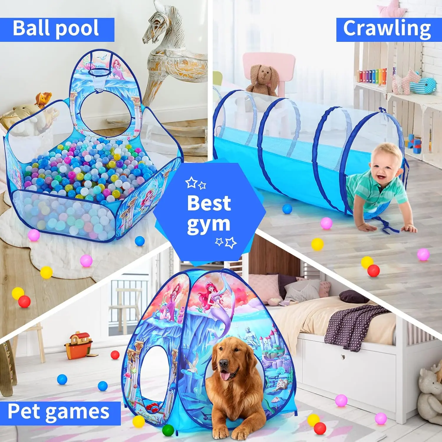 3 in 1 Kids Mermaid Play Tent for Toddler with Baby Ball Pit and Play Tunnel, Children Indoor Outdoor Playhouse with Crawling Tu