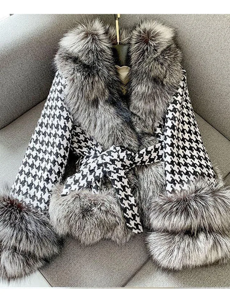 ZADORIN Autumn Winter Tweed Coat Woman Checkered Pattern Belted Faux Fur Coat Luxury Short Fur Trim Jacket Fur Coats For Woman