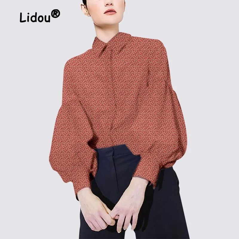 Vintage Fashion Printing Single-breasted Blouse Women New Classic Loose Lantern Sleeve Slim Temperament Lady Chiffon Shirt