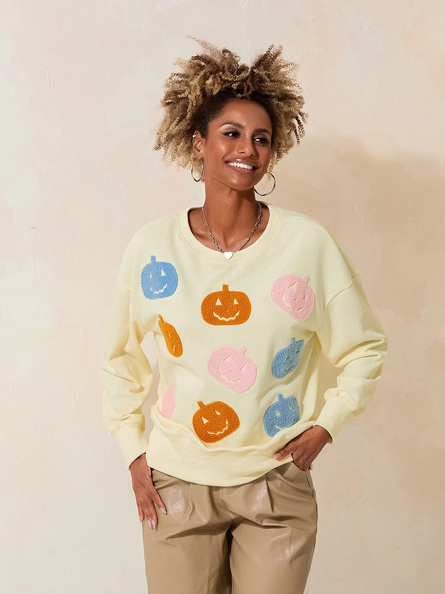 

Women Halloween Pumpkin Sweatshirt Spooky Season Sequin Graphic Tops Oversized Crewneck Long Sleeve Sweater Clothes Beige